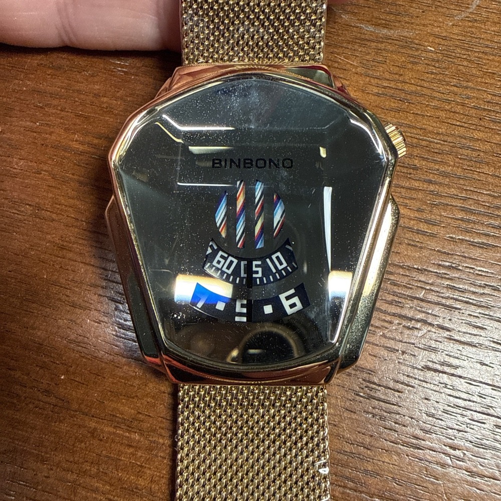 BINBONO Mens Watch 41mm Gold Tone Dial Gold Mesh Jump Hour Sport New Battery